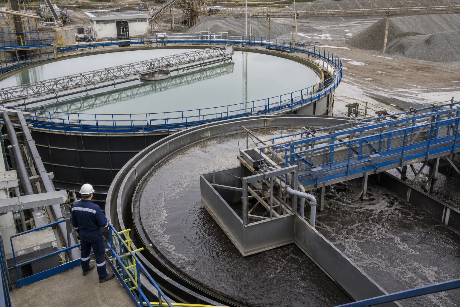 Circular clarifier and thickener operating in a mineral-processing water circuit