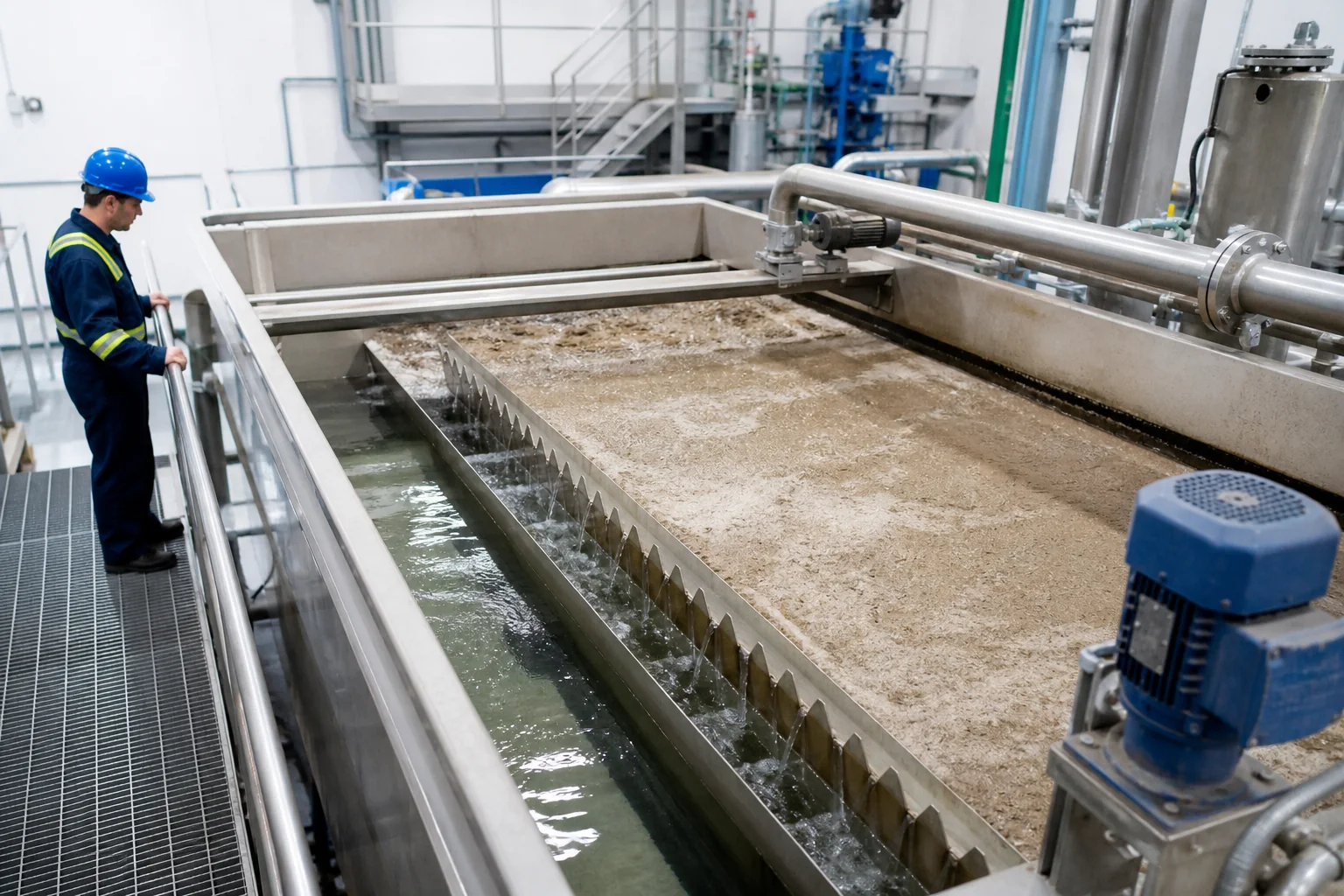 Operator inspecting a dissolved air flotation unit with a stable float blanket