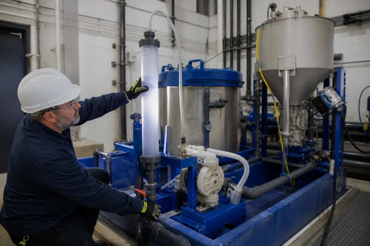 Operator calibrating an industrial PAM flocculant make-down and dosing system