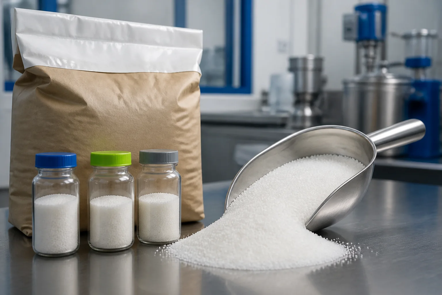 PAM granules and laboratory samples prepared for specification and quality comparison