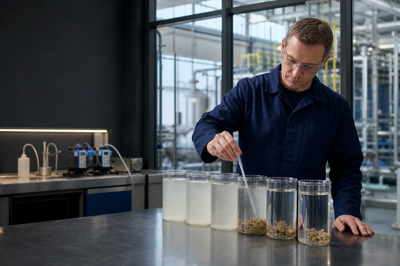 Industrial laboratory specialist comparing PAM flocculant jar-test results