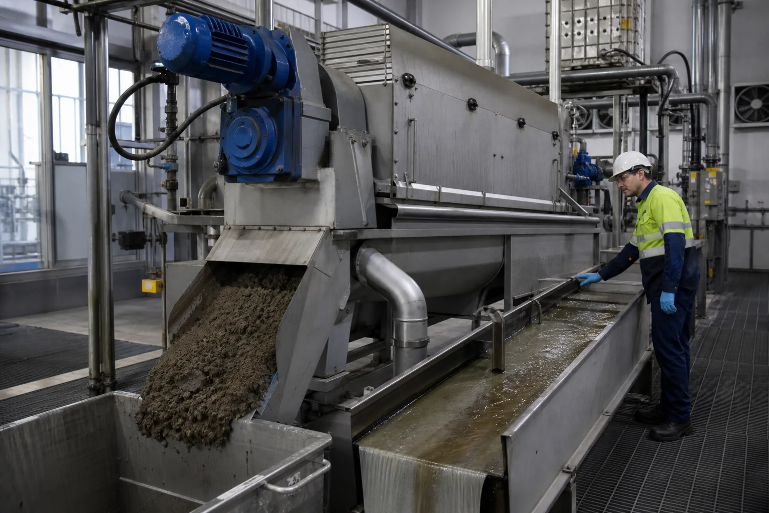 Operator inspecting a screw press with dewatered sludge cake and a filtrate channel